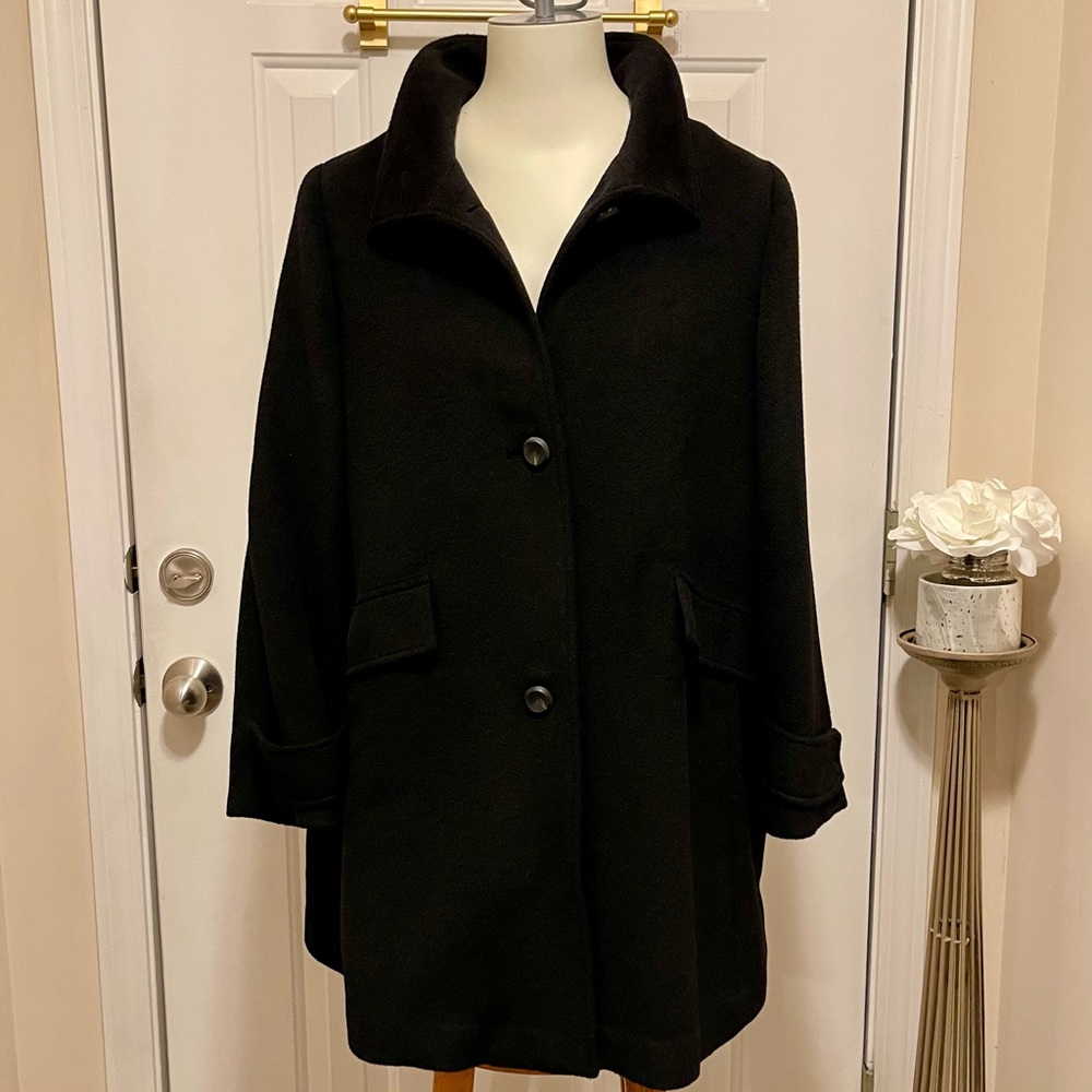 JOINUS BLACK ALPACA SHORT COAT JACKET SIZE LARGE WITH DETACHABLE FUR COLLAR
